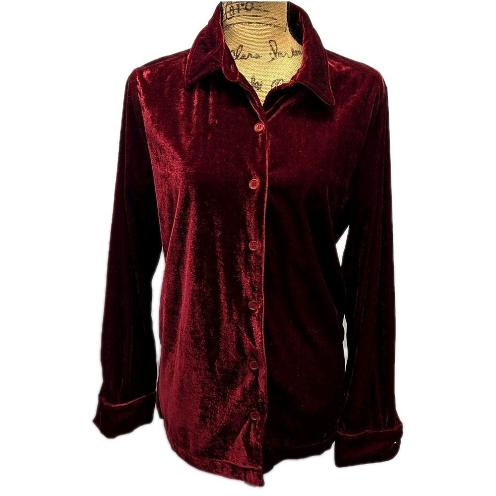 Vintage White Stag Burgundy Velvet Button Up Top Holiday Y2K Soft Luxe sz M